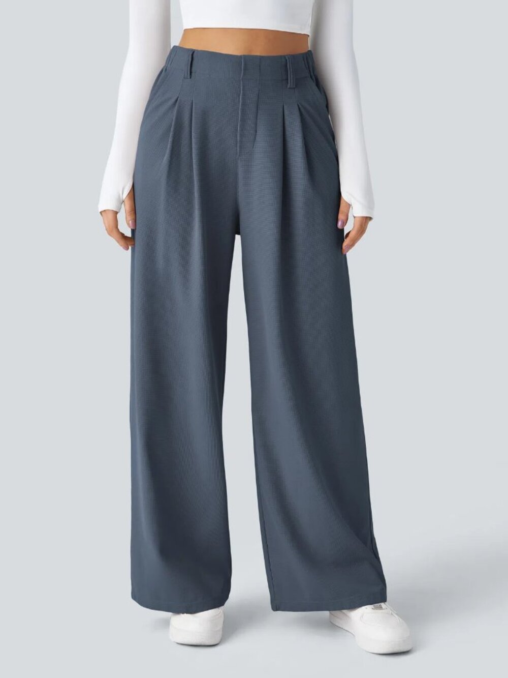 Halara Flex Tan High Waisted Wide Leg Micro Waffle Work Pocket Pants BLUE LARGE